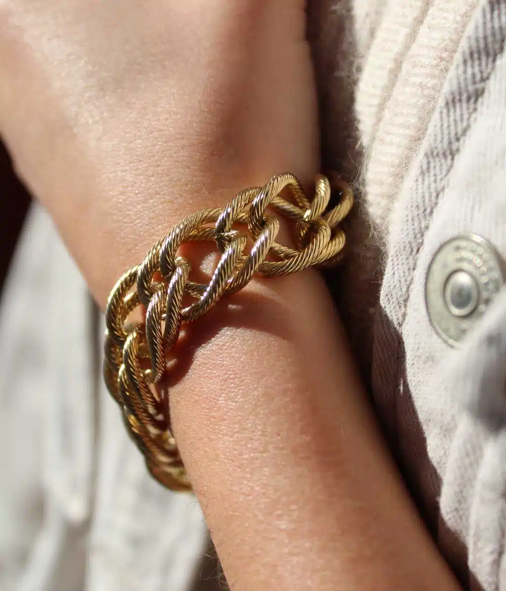 bracelet chaine maille XL acier inoxydable doré à l'or fin style vintage bijoux créateur résiste à l'eau et au temps fait main en France éco-resopnsable caprice paris