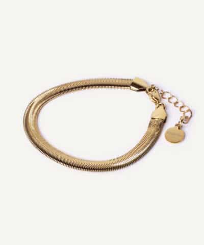 caprice paris bijoux créateur photo du bracelet simone doré à maille miroir posé à plat en entier, avec fermoir et longueur réglable