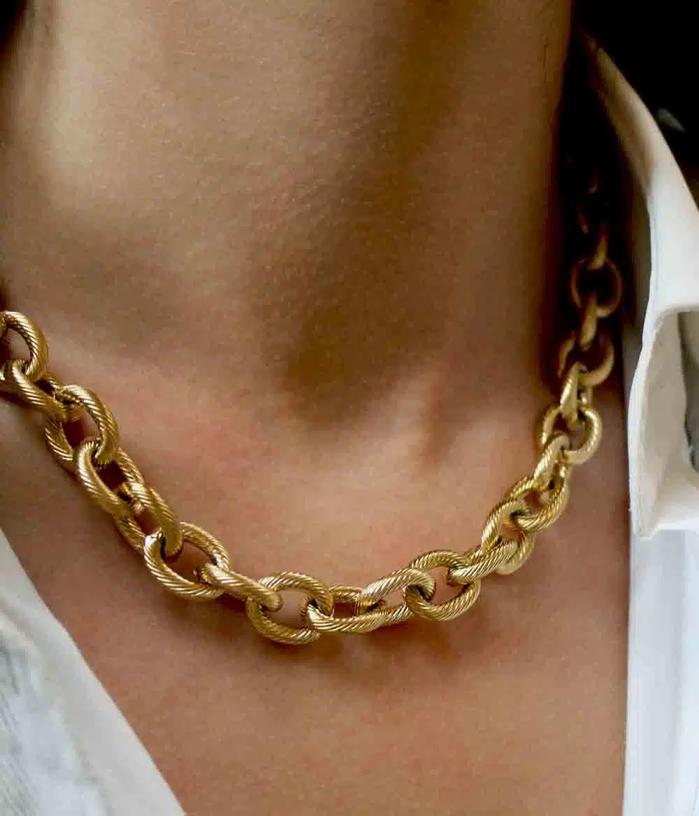collier chaine large style vintage acier inoxydable doré à l'or fin bijoux créateur faits main en france résistent à l'eau et au temps caprice paris