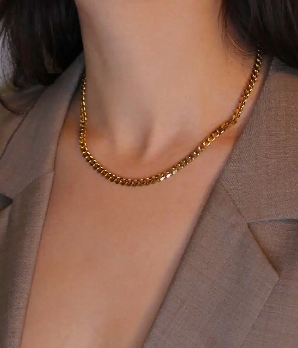 collier chaine cubaine acier inoxydable doré à l'or fin unisexe style vintage bijoux créateur résistent à l'eau et au temps hypoallergéniques caprice paris