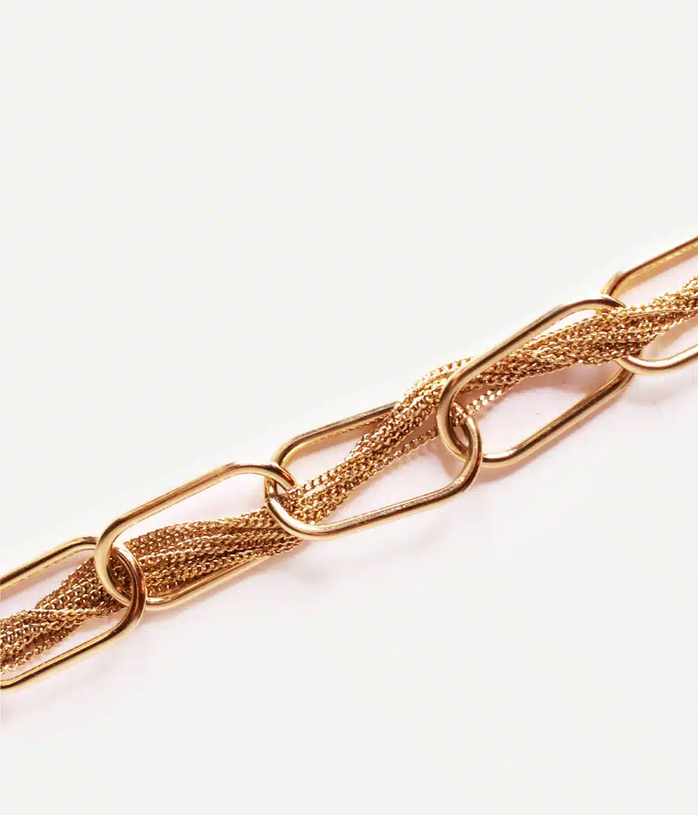 bracelet créateur doré à jeu de mailles extralarges et ultrafines entremêlées style original et glamour bijoux waterproof résistants durables hypoallergéniques Caprice Paris