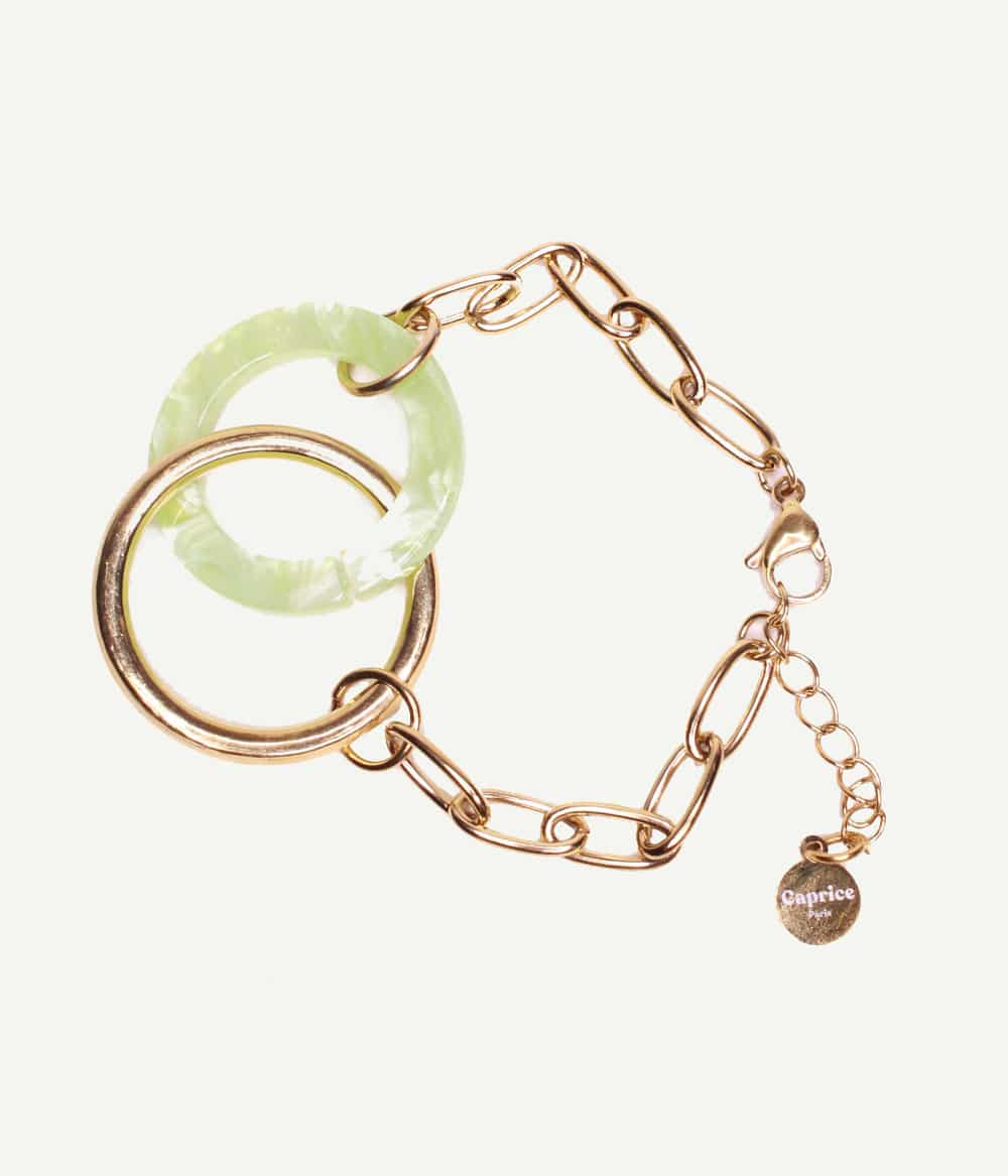 Bracelet Solea à maillons dorés et anneau en résine vert nacré