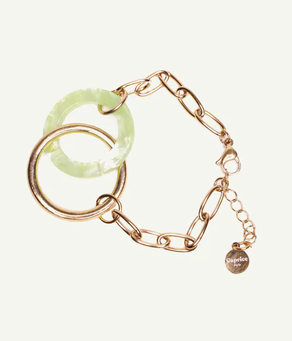 Bracelet Solea à maillons dorés et anneau en résine vert nacré