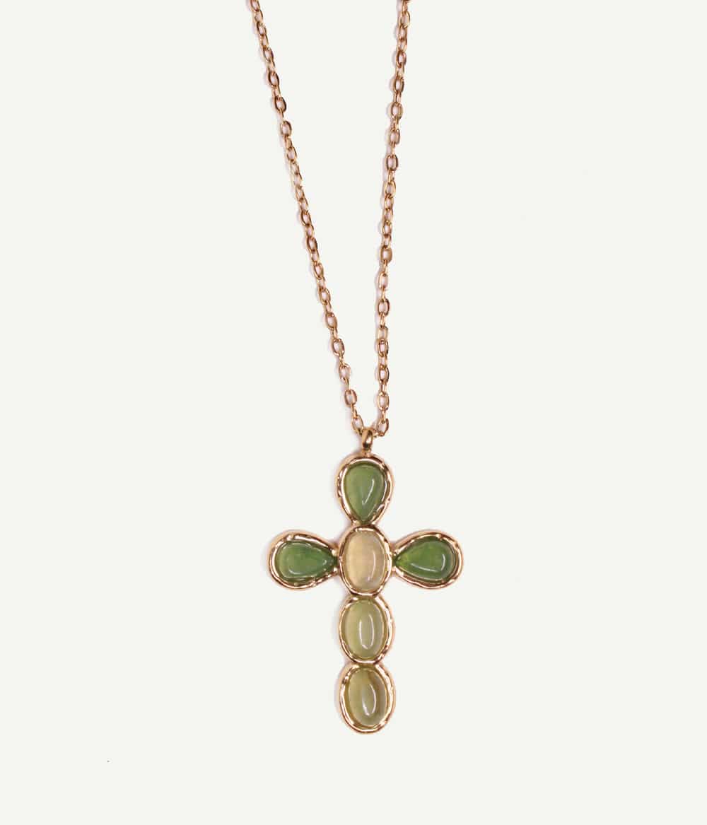 Collier Allegra Vert – pendentif croix en pierres d’agate verte