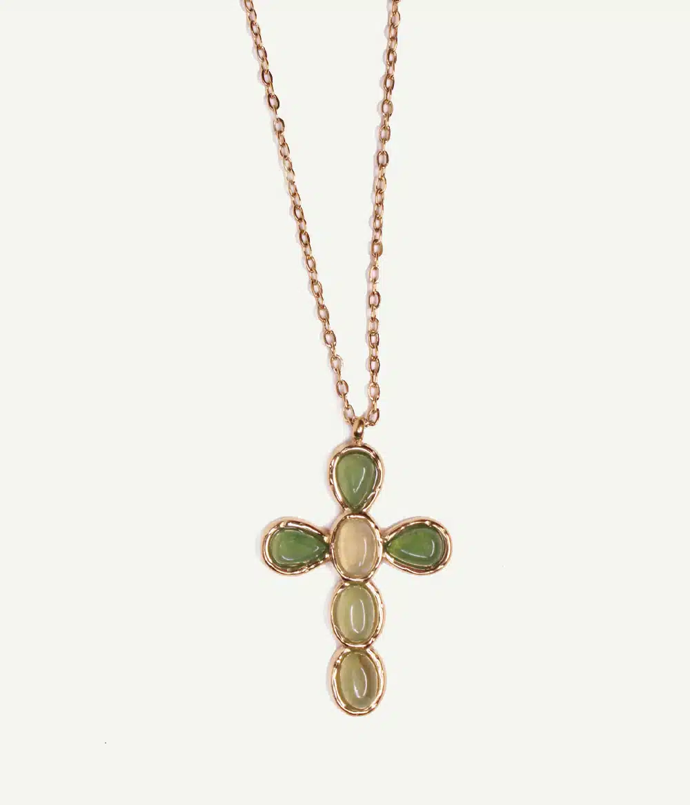 Caprice Paris Bijoux créateur Collier Allegra Vert 2 Collier Allegra Vert – pendentif croix en pierres d’agate verte